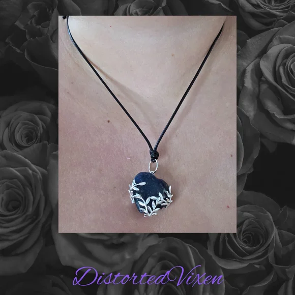 Lapis Lazuli Leaf Pendant Necklace – Silver Leaf Wrapped Blue Stone Black Cord - Picture 3 of 7